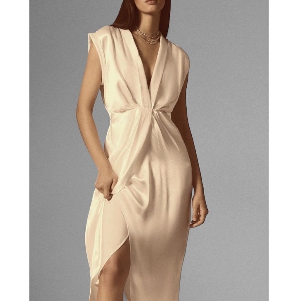 Anthropologie champagne satin vneck twist dress